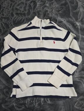 Ralph Lauren White & Navy Striped Half-Zip Sweater with Red Pony